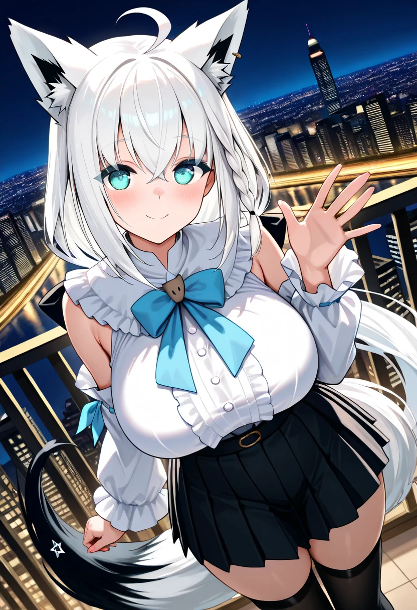best quality, best resolution, (fluffy anthro furry), arctic fox girl, silver hair, fox ears, blue eyes, (white fur), long straight hair, big breast, sophisticated manner, (black strapless leotard, mesh fishnet pantyhose, bowtie, cuffs, headband w/ long black rabbit ears), sitting, night club, embarrassed expression, cash stuufed into cleavage