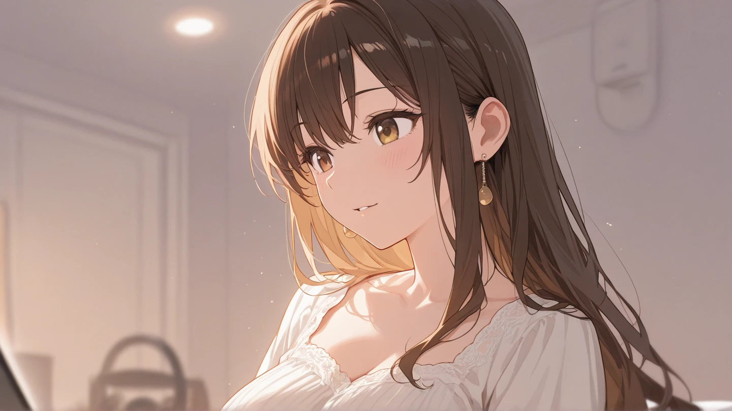 looking up, Shooting from above、Placing hand on cheek, Biologically correct five fingers、Realistic, real person, (pale skin: 1.2), upper body, RAW photo, photorealistic, shiny skin, shiny hair、(A 35-year-old woman with medium-length hair and bangs) and (wavy hair) and (brown hair) and (Orange Eyes) , (white:1.5) and (blouse) 、Cleavage、(blush:1.5), smile, tears, The background is the living room at night、illumination、Alone、Are standing
