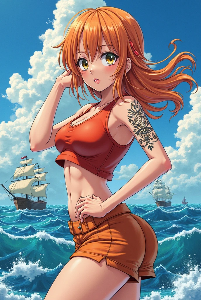 Gere uma imagem realista no estilo anime de Nami de One Piece 1 unica garota. (ass) ,Capture seu visual distinto com o cabelo laranja, Long Launch, Athletic Curve, mini camisa, (mini-saia), fundo dark florest