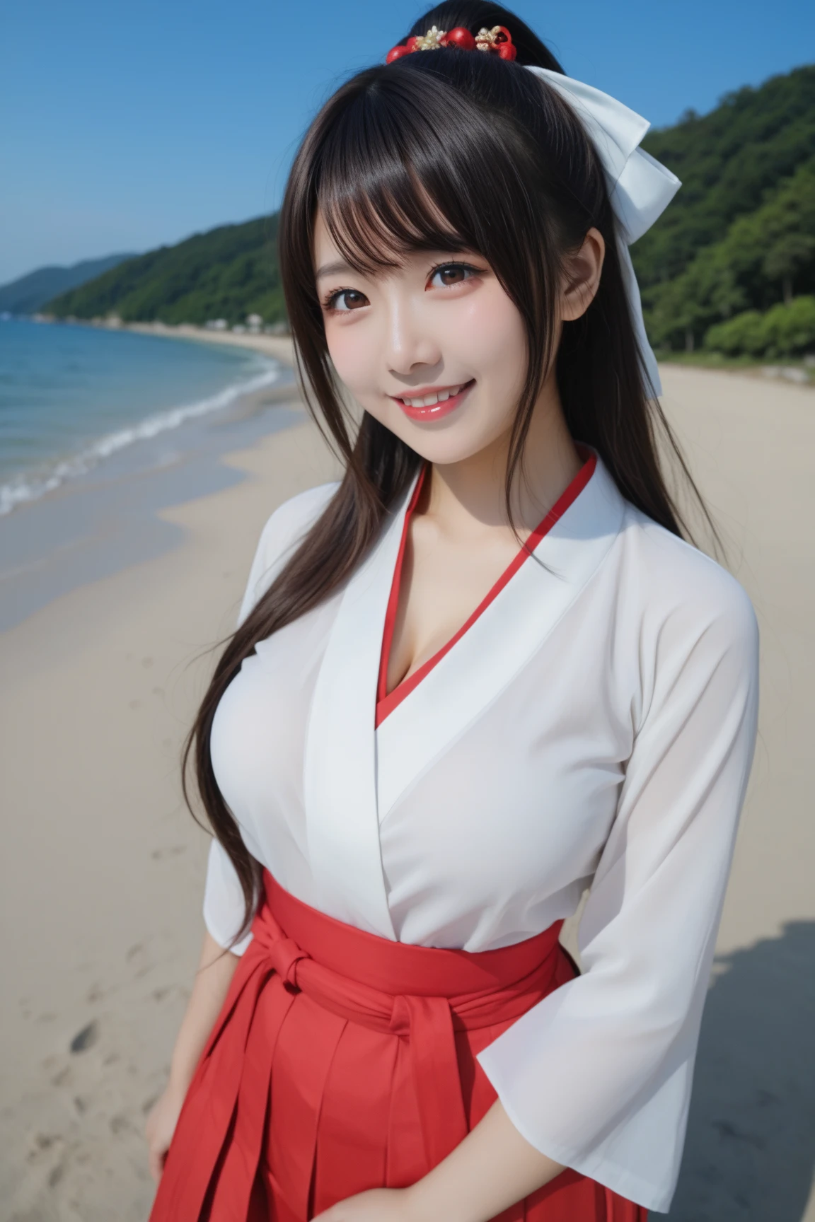 realistic photo,truly beautiful 20 year old japanese girl, wearing white kimono with no sleeves, wearing red mini skirt, smiling,see her neckline, on the beach,from above,big ,panty shot, crossing legs