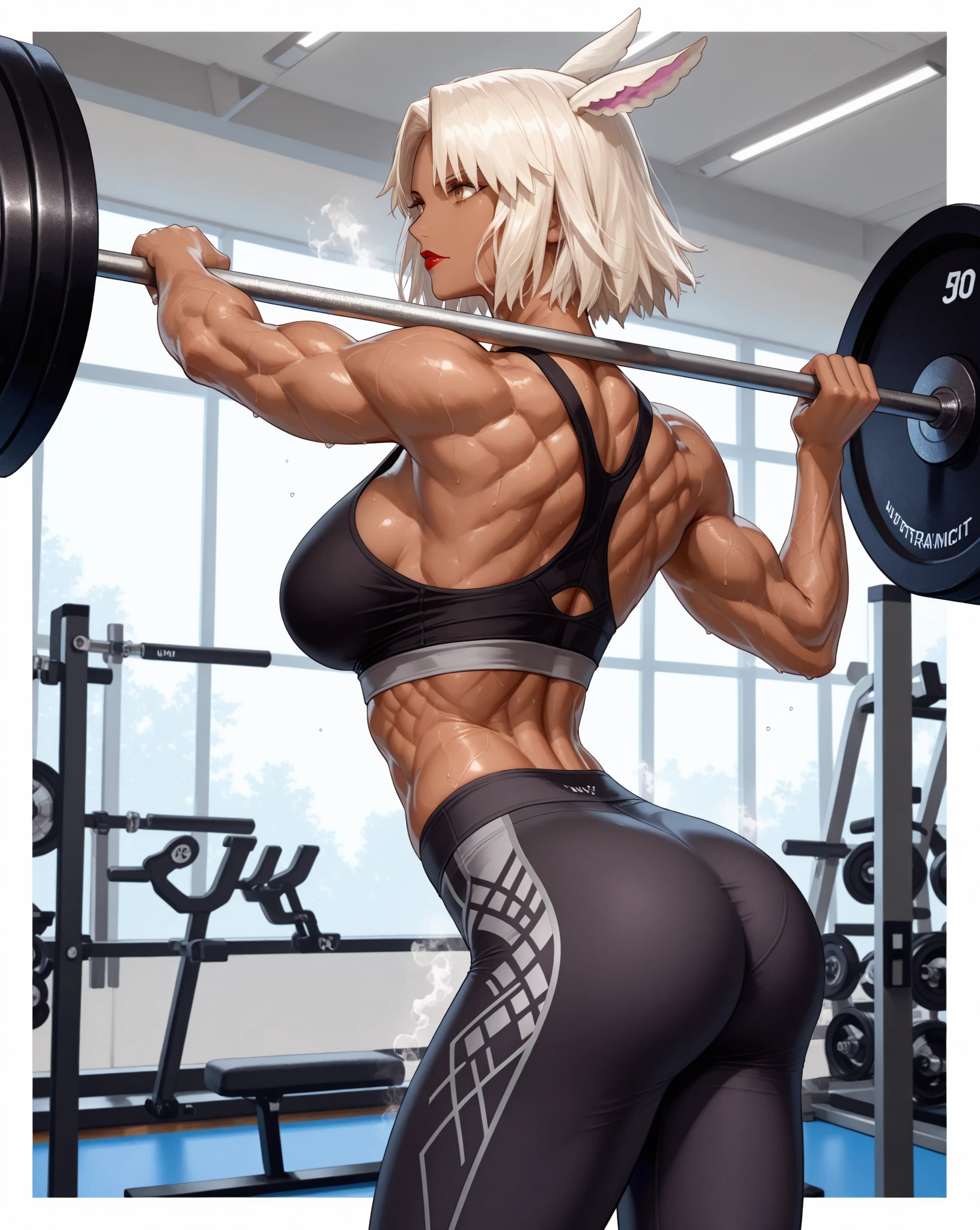 (anime artstyle, Masterpiece, Best Quality, Super Detail), ((Full Body)), female character, (Huge breasts:2), well-developed latissimus dorsi muscles, back strength, athletic physique, powerful posture, defined musculature, sculpted form, graceful lines, symmetrical composition, strong shoulders, broad back, massive female bodybuilder, intricate details, realistic lighting, dynamic brushstrokes, vibrant colors, intense shadows, captivating presence, fierce determination, inner strength, dedication, hard work, fitness attire, gym setting, weightlifting equipment, sweat glistening, focused expression, intense concentration, confident stance, inspiring energy, celebration of physical prowess, admiration for female strength, body positivity, self-confidence, empowerment, representation of the female athletic form, appreciation of the beauty of muscularity, inspirational message, motivational atmosphere, achievement, admiration
