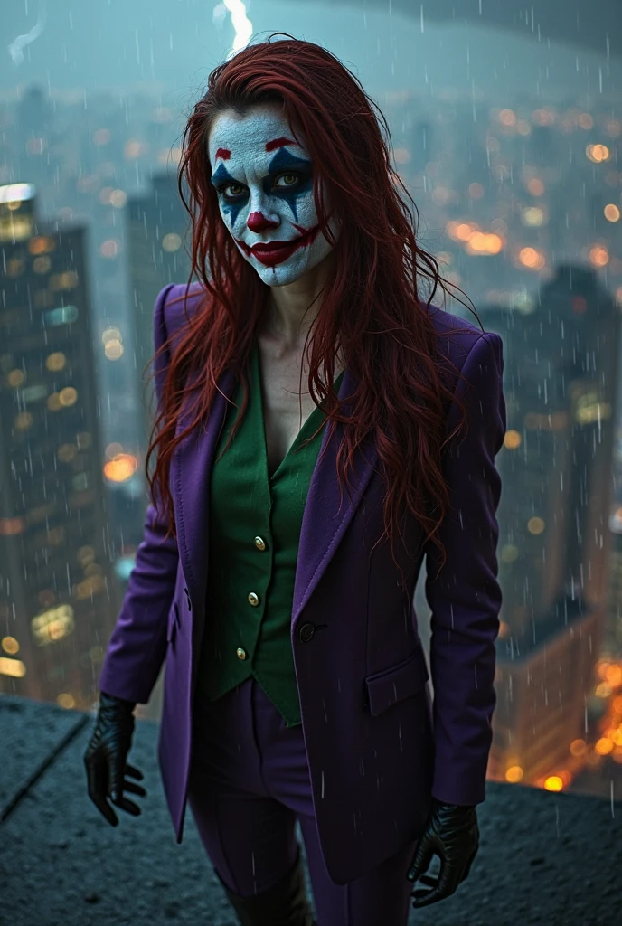 {
  "prompt": "A faithful female version of the iconic Joker from DC Comics, reimagined with a seductive yet psychotic allure, striking a dramatic pose at a famous tourist spot in Dubai. She has pale white skin and wild, vibrant green hair styled in messy, chaotic curls. Her makeup is heavy and smeared, inspired by Heath Ledger’s Joker, with dark, hollow eyes surrounded by smudged black makeup and a blood-red, twisted smile that extends unevenly beyond the corners of her mouth, creating a chilling yet irresistible grin. She wears a tailored purple suit jacket with a green vest and matching tie, left open to reveal her toned, alluring physique, paired with a revealing purple bikini bottom. She stands confidently in front of the Burj Khalifa, the tallest building in the world, which towers majestically in the background. The modern, sleek architecture of the skyscraper contrasts with her chaotic appearance. Her pose is bold and provocative, with one hand resting on her hip and the other playfully adjusting her hair, as she gazes into the camera with a look that blends madness and allure. The scene combines Dubai’s futuristic skyline with her unsettling presence, creating a striking and unforgettable image.",
  "size": "1024x1792"
}
