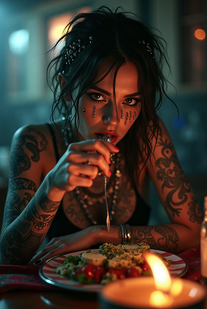tatuados,Beautiful blonde with big breasts in a dress、Holding a cigarette with smoke coming out of it.,(Back tattoo、Many tattoos on both arms and neck)、 (Late Night Restaurants、walk),Candlelight only,Very detailed, 21 years old, Innocent face, Wavy Hair, blue eyes, High resolution, masterpiece, Highest quality, Intricate details, Very detailed, Clear focus, Delicate skin, practical skin texture, texture, Delicate eyes, Professional, 4K, Sad face,despair、 Shot with Canon, 85mm, Shallow and deep, Kodak Vision Color, Exactly, Very detailed, photograph_\(Extremist\), photographpractical, practical, Post-processing, Maximum details, Roughness, Real Life, Extremist practical, Photorealism, photographgraphy, 8K Ultra HD, photographgraphy