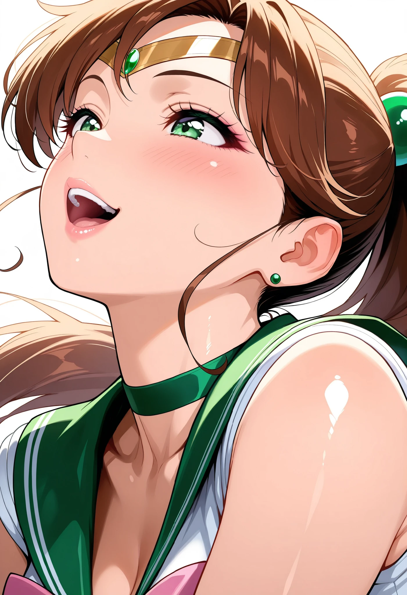 1girl, solo, Sailor Jupiter, ((Sailor Jupiterの衣装)), cowboy shot, thigh, brown hair, ponytail, blush, very detailedな肌, Shiny Skin,Sexy, upper body, beautiful eyes, beautiful face, (Comic Eye), (Laughter:1.6), lip gloss, curled eyelashes, Sweep Bang,　dynamic angle,  masterpiece, top quality, amazing quality, very beautiful, very high resolution, Newest, Realistic, super detail, very detailed,