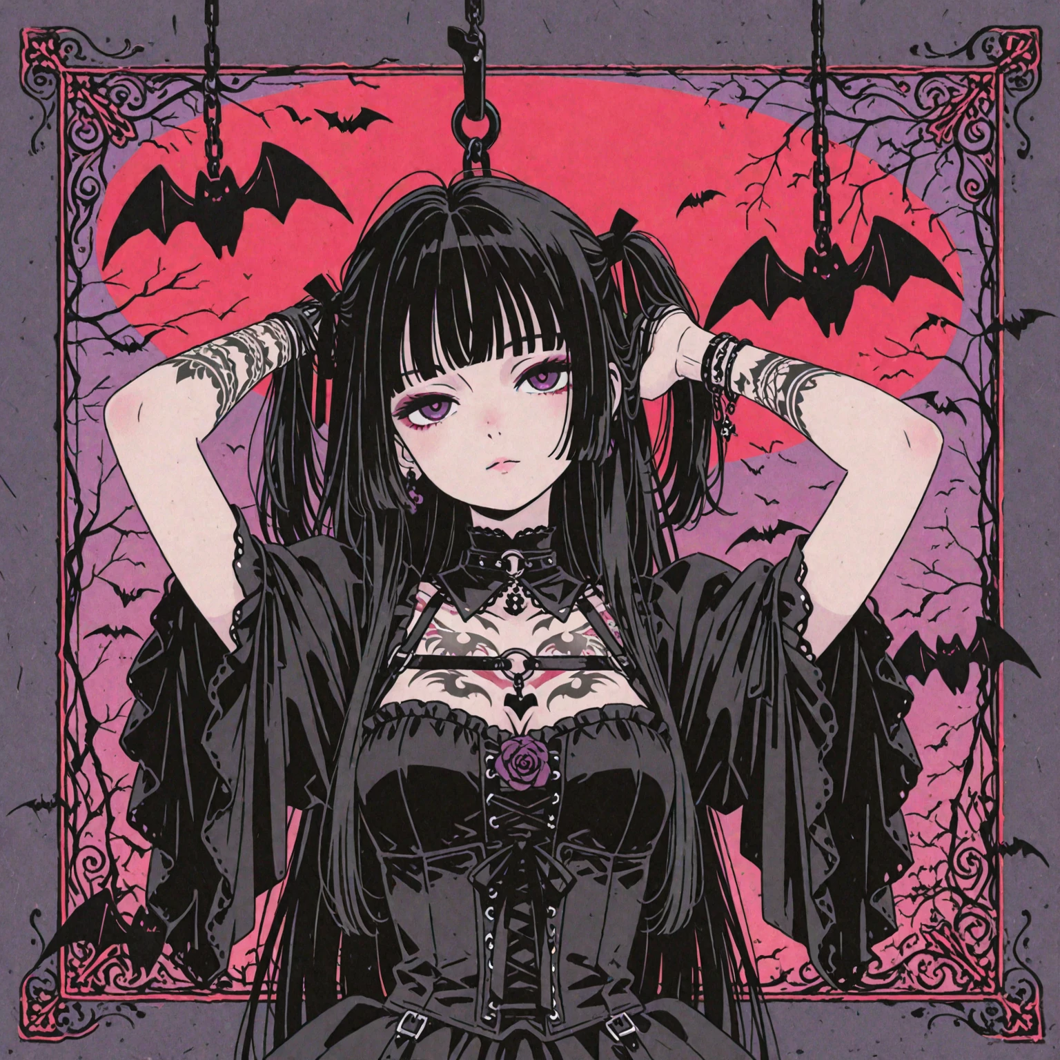 Black Hair、Black Feather、Gothic punk dress、Legs sticking out，Sit on a chair, Crossing your legs、Throne,anime zombie witch design, Crossbones, skull, Streetwear Design, Provector, Horror Style, Full Design, Only 6 colors, Solid Colors, No Shadow, Full Design, Stickers, Bright colors, White Background.Ultra-fine illustrations,(((Beautiful fine hair))),(((Beautiful Faces))),(((Beautiful background))),(((Beautiful fine hair))),(((Beautiful Faces))),(((Beautiful background)))、Black Hair、Blunt bangs，Undershot（（Right hand white eye，Left eye purple）），Otto Eyes