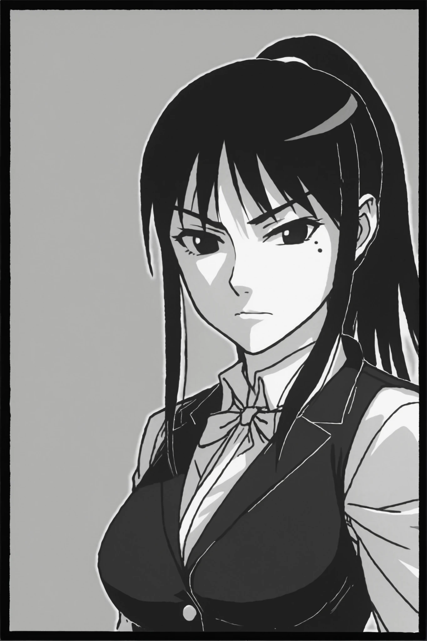 midori kuzuhara ( enomoto ),comic,2000s_(style),monochrome,manga style,simple,with rough sketch lines,line art,Minimalist portrait,in syonenmanga style,closed mouth,ideal ratio body proportions,medium breasts,{{in Enomoto Shunji style,}}
indor,office,office uniform,ponytail,No expression,mole under left eye,black hair,long hair,long sideburns,Japanese girl,black eyes,only have black eyes ,1girl, {{{{{{thick outline}}}}}},{{{{{{black outline}}}}}},flat color,