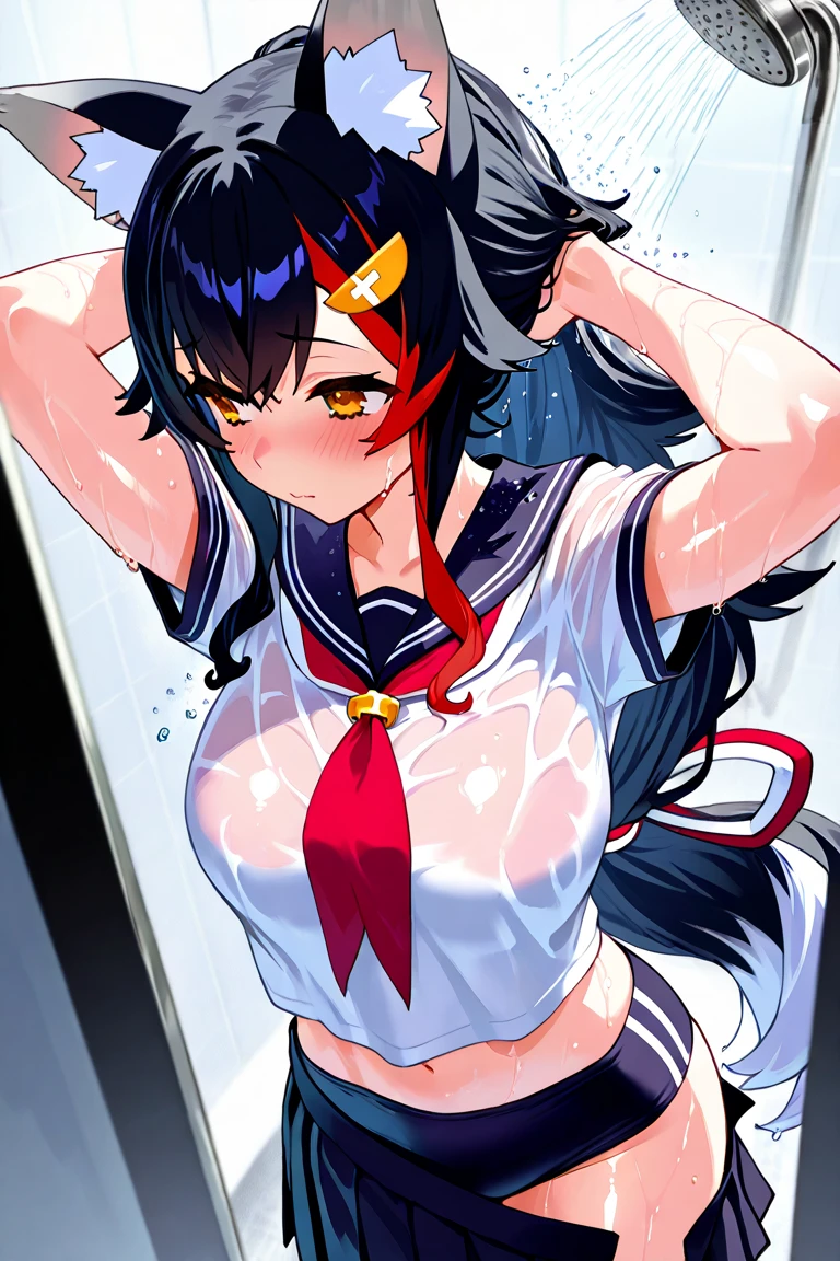 8K,master piece,anime,Perfect Anatomy,Suguha Kirigaya,1female,liedown,crossed eyes,(rolling eyes),open mouth,(tongue out),(crying),short sleeved white sailor suit,underboob,micro pleated skirt,lowrise skirt,short hair,breasts,(leanbody)