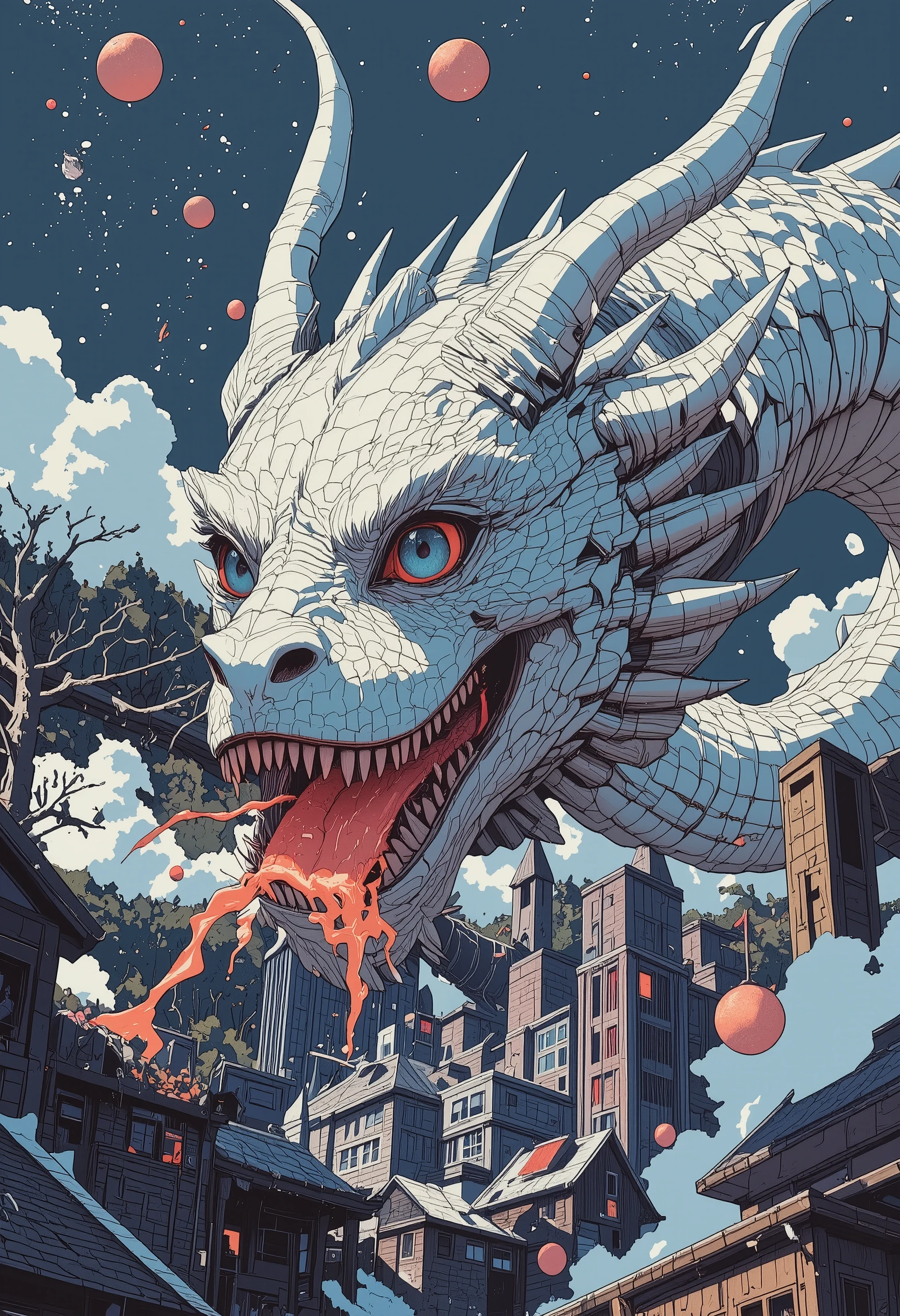 mask a Japanese dragon , full body, of white scales , with crystals coming out of his body, Flying Above a City, at night, with starry sky, And the city light has neon colors*
