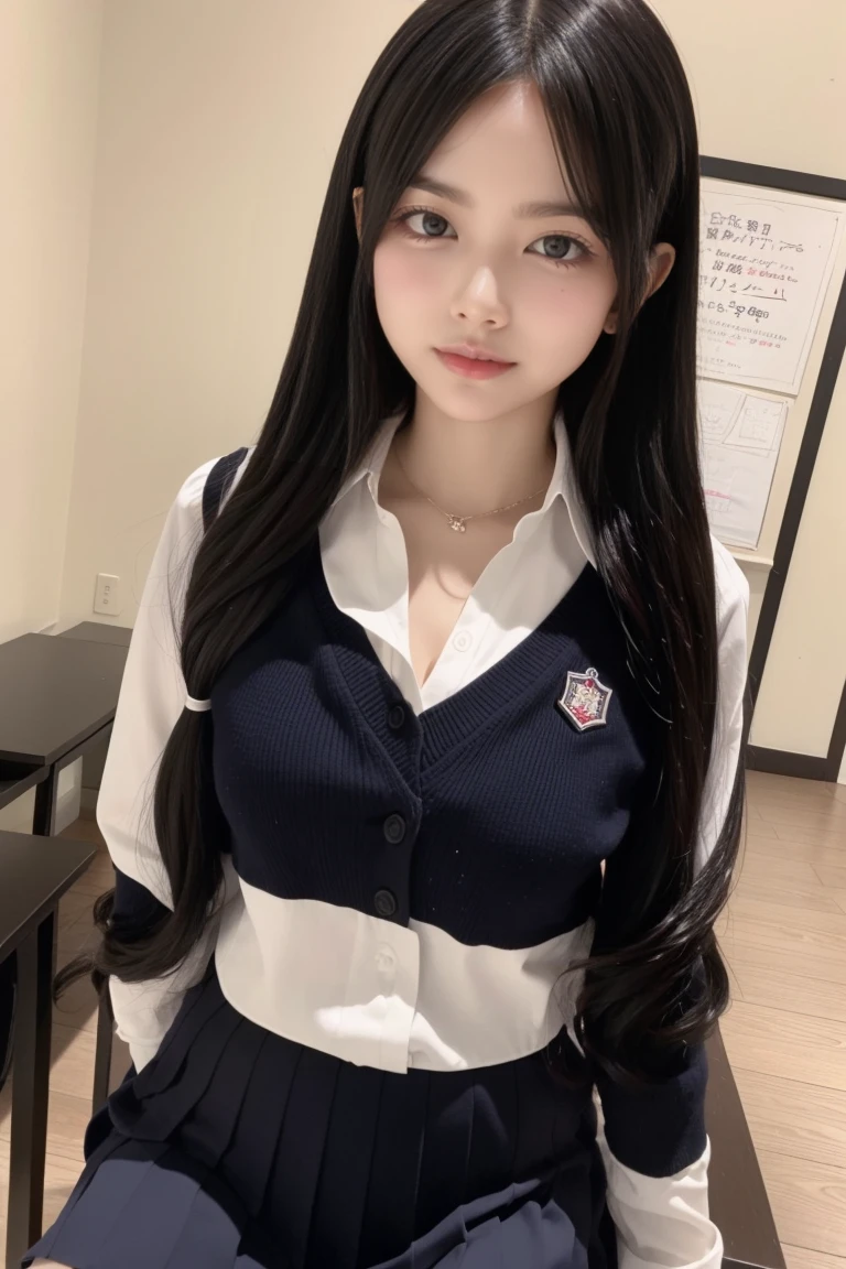 (1 Korean star with royal sister style), ((Best quality, 8K, 巨作: 1.3)), focal point: 1.2, Perfect body proportions: 1.4, (Make a smile), (Ray traching),Watery eyes, Highly Detailed Face and Skin Textur, Fine eyes, Double eyelids, Whitens the skin, (long whitr hair, Air bangs: 1.3), (face round: 1.5), (JK school uniform: 1.4), (duck sitting,Sitting on the sofa, legs leaking out1.6),(black lence stockings: 1.4),(JK style:1.4),(Colorful background)