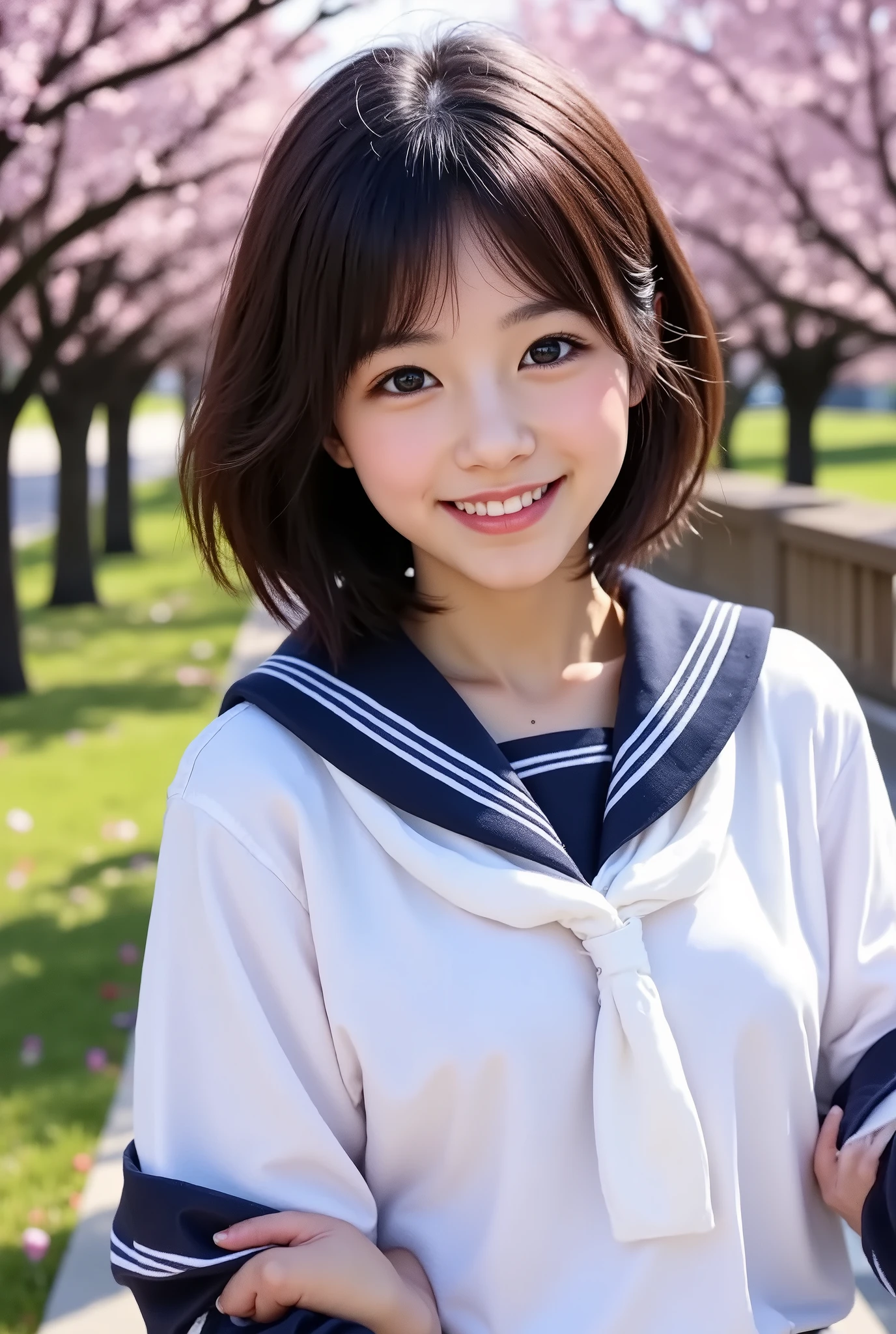 Image resolution 8K、masterpiece:1.3)、Beauty、1 female、(魅力的なbody:1.2)、abdomen:1.1、Dark Brown Hair:1.1、(body:1.2)、Ultra-detailed face、Attractive lips、double eyelid、Super realistic and detailed super cute in a white short sleeved zippered sailor suit and pink skirt、Japanese 、Japanese women、10th generation(18-year-old)、Smiling with a nice smile、Hair fluttering in the wind、Short Hairstyle、