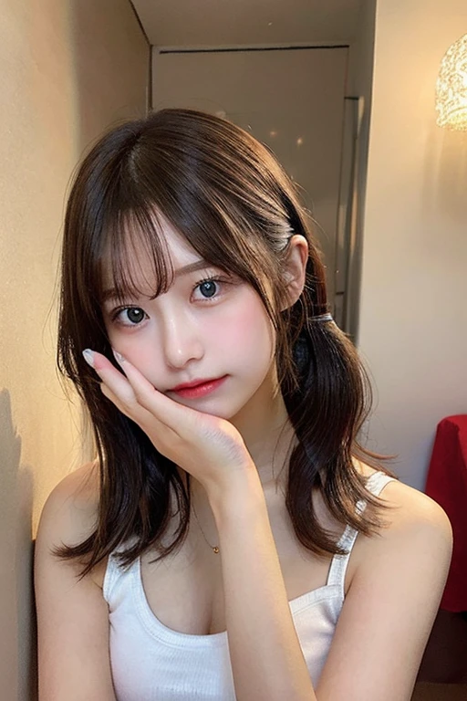 top-quality, ​masterpiece, 超A high resolution, (Realisticity: 1.4), OriginalPhotographs, 1 Girl Cinematic Lighting、Cute、Half Up Hair、onepiece、inside in room、cafes、The shirt、