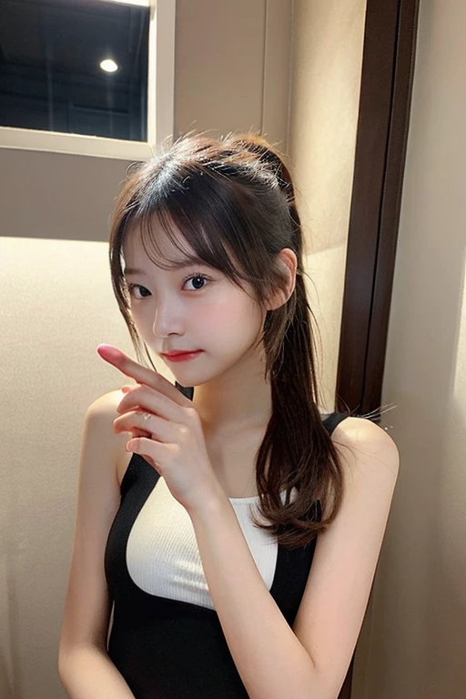 8K, Best Quality, Masterpiece, Ultra High Definition, (Photorealistic: 1.4), Raw Photography, Realistic Skin Texture, (Film Grain: 1.3), 1girl, Beautiful Detailed Eyes and Face, Masterpiece, Best Quality, Japan Idol, Fair Skin, Natural Blurred Background, Close Up, Selfie, Big, Front Photo, Ponytail Hairstyle, Tongue Out, Office Lady, Side Angle