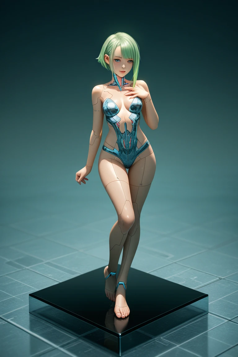 una figura de cristal de jadeita, chica anime, cuerpo completo, cuerpo compuesto por jadeita, transparente, translucid, 3D, tonos verdes, in Tai-Chi position, rodeada de cristales de jadeita, realista
