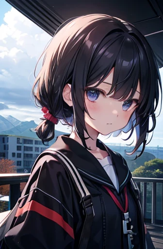 girl, rain, black jacket, short black skirt, long sword in right hand, Little smile, green eyes, black boots, black knuckleless gloves, destroyed city at night, long black hair, (Perfect eyes), (perfect face)
