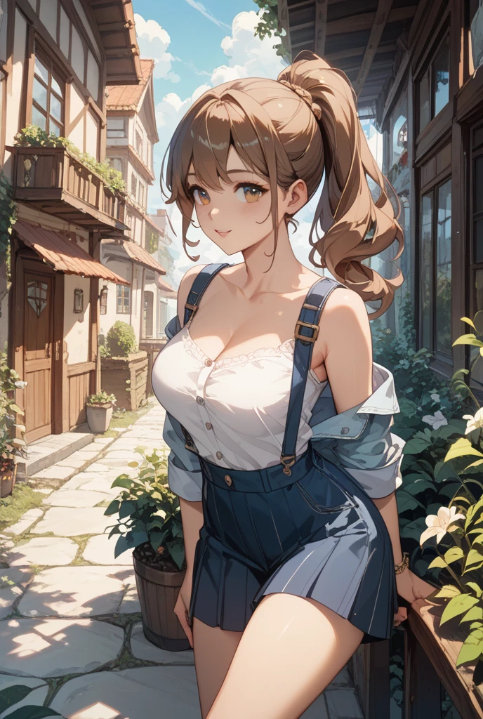 ((best quality, ultra-detailed, photorealistic: 1.39), bright and vibrant colors, studio lighting, romantic expression, An effeminate girl, with a delicate and beautiful face. She is a girl who reflects seductive beauty, sparkling eyes, extremely beautiful woman, a beautiful woman with her silver hair wavy with pigtails, a bow in her hair, her large breasts are seductive, her light brown eyes match her beauty, wearing a beautiful denim jumpsuit, a tank top underneath the jumpsuit, with embroidery details, lace, on the farm, fence, flower field, fantasy anime style, style fantasy anime, she is in love, anime style