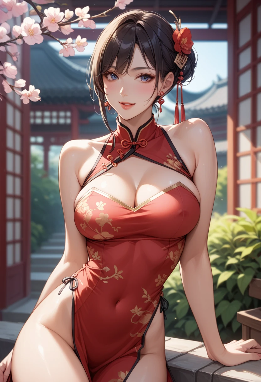 best quality, 1girl, masterpiece ultra detailed, illustration, yang guifei, glossy lips, blush, short hair, light smile, halter-top dress