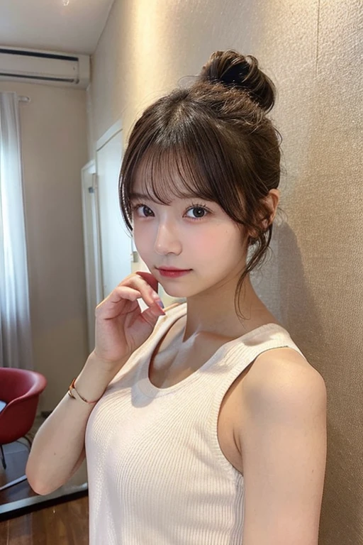 super high quality, Slenderのネックレス, Slender, Gravure photoshoot, The staff is working at the counter in the back., (8k、RAW Photos、Highest quality、masterpiece:1.2), Stylish café, (Realistic、Photorealistic:1.37), Beautiful Face , Urban Cafe, Golden Ratio, Raw photo, Small breasts, Bright cafe interior, Blurred Background, Famous actress, Rye and brown hair, Summer clothes, Photographed inside the cafe, Neat clothes, ponytail, Very Short Hair, Cool older sister, Stylish clothes,