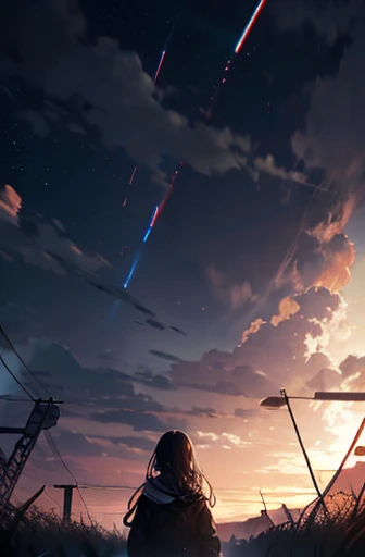 Acoustic guitar,Pitch black night sky,Octane, Star (zero), scenery, Blue parakeet,The acoustic guitar is placed in front of the body.,Star, night, Back view, Outdoor, city,river,Blue parakeet,building, cloud, Heavenly River,silhouette