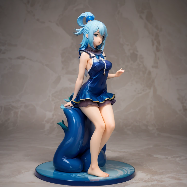 slime girl, looking suspicious at the viewer, medium blue hair, darkskin, greeneyes, wet white top, piece of torn cloth used as a skirt, cavern background, waist up, breastsout, high resolution, face perfect, from front view