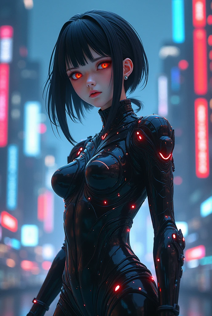 Top Quality, Masterpiece, Ultra High Resolution, ((Photorealistic: 1.4), Raw Photo, 1 Girl, Black Hair, Glossy Skin, 1 Mechanical Girl, (Ultra Realistic Details)), Global Illumination, Shadows, Octane Rendering, 8K, Ultra Sharp, Cleavage Exposed, Metal, Intricate Ornament Details, Egyptian Details, Very intricate details, realistic light, CGSoation trend, facing the camera, neon details, mechanical limbs, blood vessels connected to the tube, mechanical vertebrae attached to the back, mechanical cervical attachment to the neck, wires and cables connecting to the head, evangelion, small glowing LED lamps, (dazzling Cyberpunk cityscape in background).