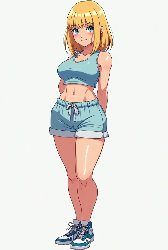 Japanese, girl, Height 1.60, Blonde, 18-year-old, Large Breasts, Open-chested clothing, Shorts, Down to the toes, Sticking out tongue, Feet towards the camera