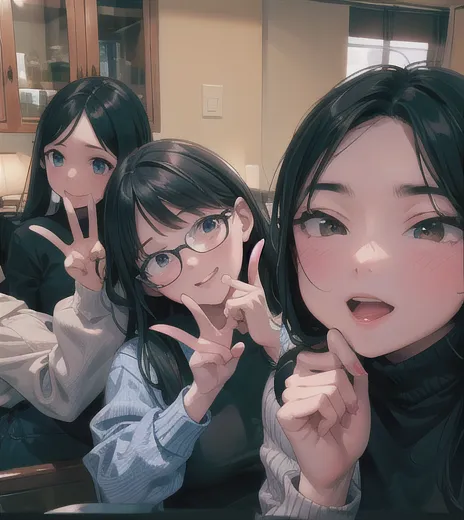 High quality masterpiece, 3 cute girls taking pictures in the room, delicate facial features, masterpiece, realism, glowing eyes, shiny hair, shiny skin, warm lighting
