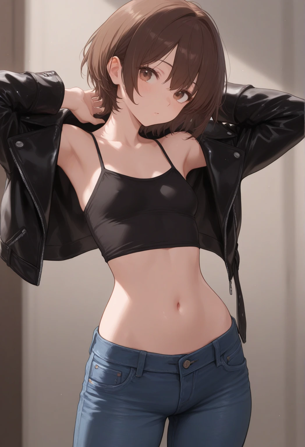 (((top quality: 1.4))),(A masterpiece like no other in history), (ultra high resolution),(Ultra-realistic 8k CG), official art、 (((adult body))), (((1 girl))), ((( bob short hair ))), punk girl with perfect body, jacket with metal spine,Beautiful and well-shaped face,,elaborate punk fashion,leather jacket, (Image from head to thighs),((Pink bob short hair )), ((small leather panties:1.0)), Simon Bisley's urban and brutal style,Detailed street background of London,beautiful abs, Complex graphics, Dark pink with white stars and gray and white stripes,,,, (( Lots of poisonous tattoos )), earrings,
sultry look, seductive