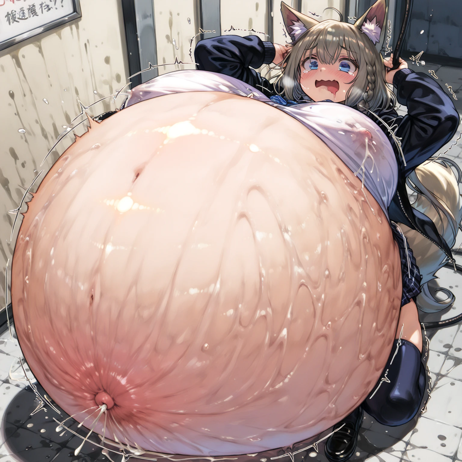 (((,))) (((child,))) loli bodiesw,((shifty,blue hair,blue eyes, cat ear headphones blue shirt sailor collar white skirt wrist cuffs socks sneakers,)),((solo girl)),((Perfect body,))((Super beautiful,))((High quality,)), (sweaty,) (wet all over,) blush, steam,((gigantic breast)),((Lift up the hem of her skirt to show off her crotch,Pleated skirts that are too short and expose underwear,))(pov, Looking at Viewer,)cowboy shot,(love hotel room),((squatting and straddling,Show off your crotch by opening your crotch in a crouching posture,))collar,((Show off your crotch by opening your crotch in a crouching posture,She turns around with her back to me, sticking out her butt,from back view,Directly behind,Turning your back to me, sticking out your butt,)),nipples,small mouth,((spread pussy,cum dropping pussy,))