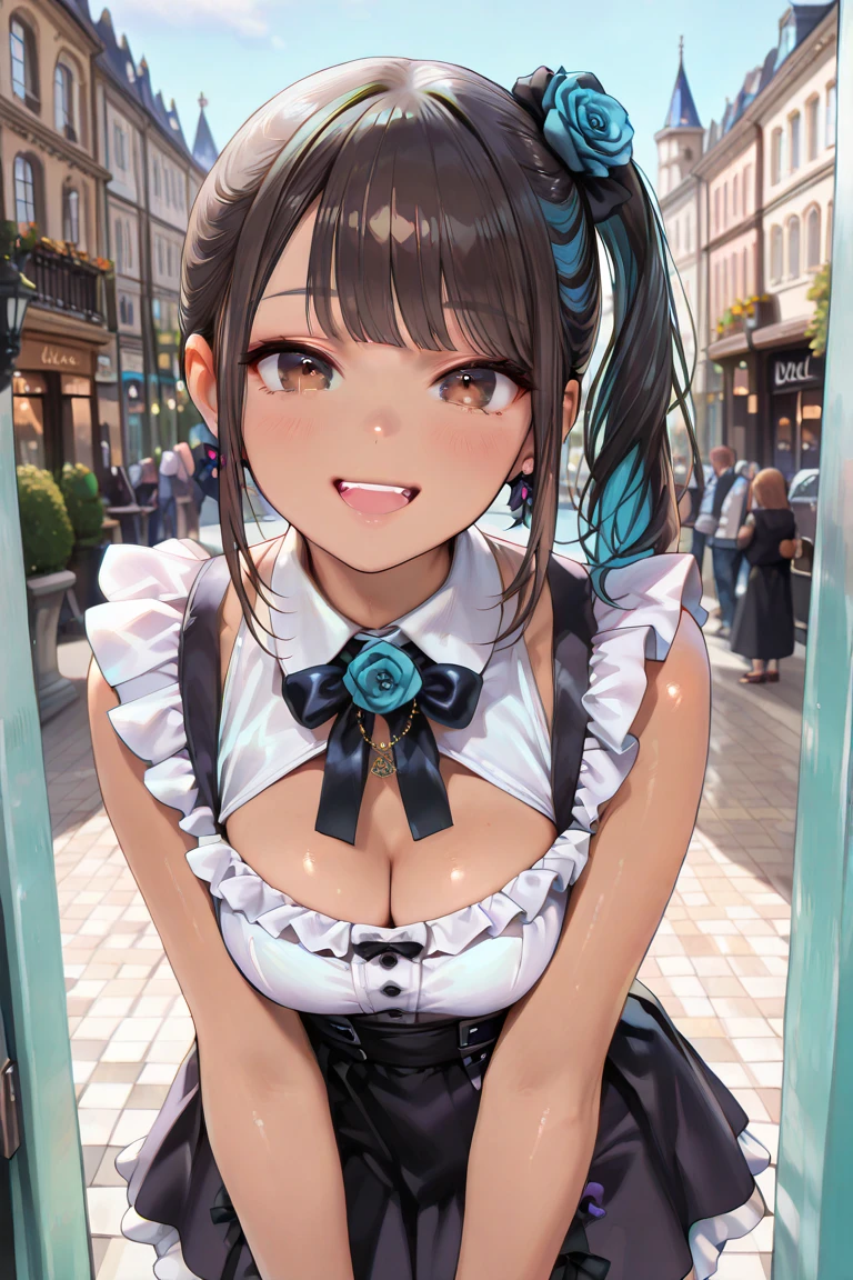 No sleeve,Sweaty,A perfect smile, (Perfect Anatomy, Anatomically correct, Highly detailed skin), Cute and symmetrical face, Perfect Face, Perfect Eyes, Perfect Fingers, Five Fingers, ((Hairstyle,Inner Color,money,Bobcut))Stripping clothes,city,shoulder bag