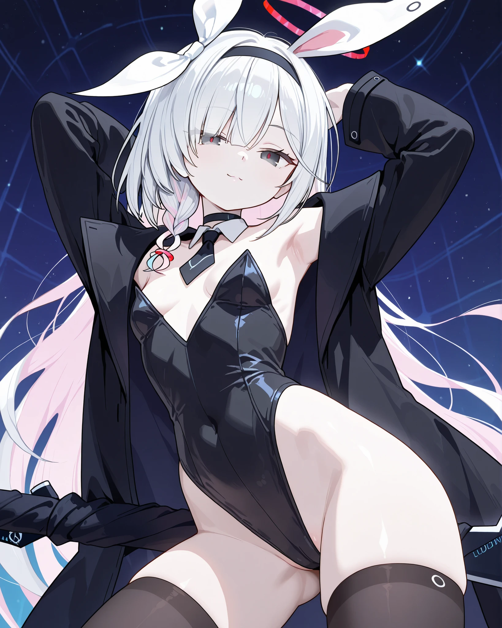NSFW、long grey hair, pink eyes, Sweating, Tsundere, He was cold, small breasts, kiss with boy, white thighhighs, armpit