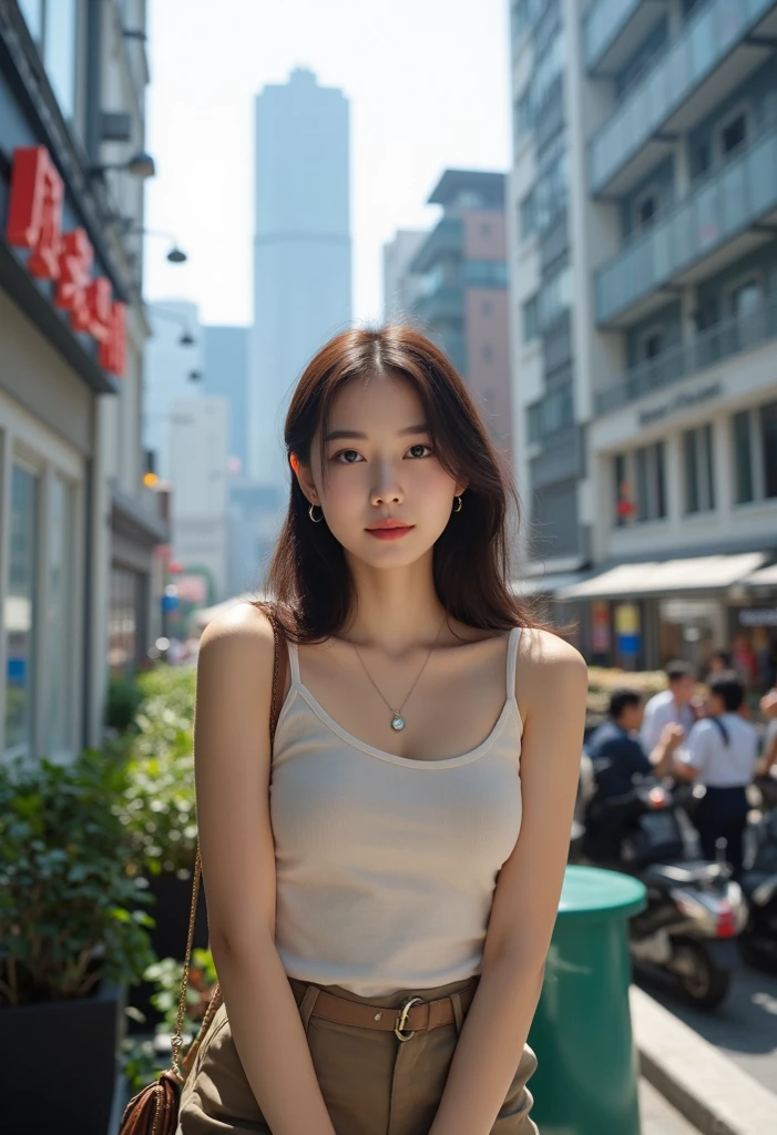 a woman, (actual), (Surreal), (photoactual), depth of field, eye makeup:0.5, (upper body:1.2), (Willow Yao:0.7), looking at the audience, casual wear, On the streets of the city,