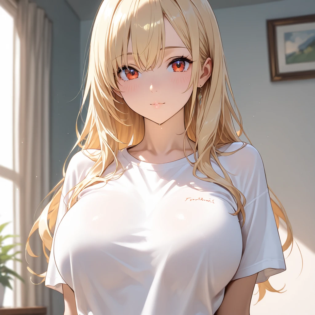 Upper Body, Realistic, real person, (pale skin: 1.2), RAW photo, photorealistic, portrait photography, shiny skin, japanese idol、shiny hair、(25 year old woman with medium hair with blonde bangs) and (wavy hair) and (orange eyes) , (embarrassed:1.3), wearing a black T-shirt、The background is the dining room、Alone、sitting