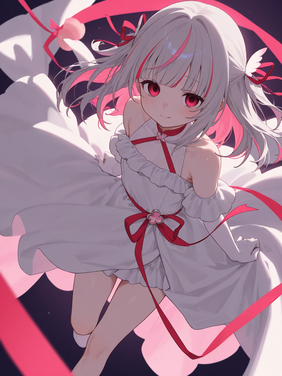 beautiful illustration, best quality, cute petit girl, (transform sequence), transform magical girl, chibi, white magical girl, fractal art, albino, babyface, long pure white and red mesh hair, beautiful detailed red eyes, cinematic lighting, cowboy shot, looking at viewer, from bottom, happy
