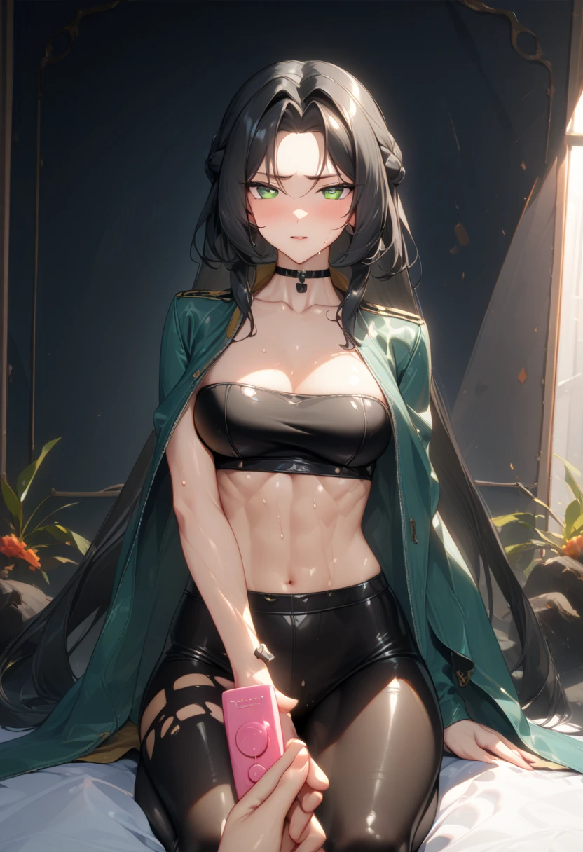 Black hair, green eyes, large breasts, slender, tube top, short skirt