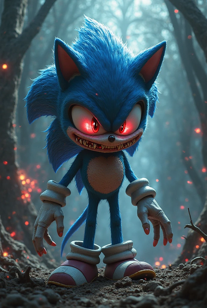 Generate an image of Sonic.exe with pale blue fur and messy spikes, completely black eyes with 2 bright white and red lights a black X as pupils, a pair of whiskers on the cheeks