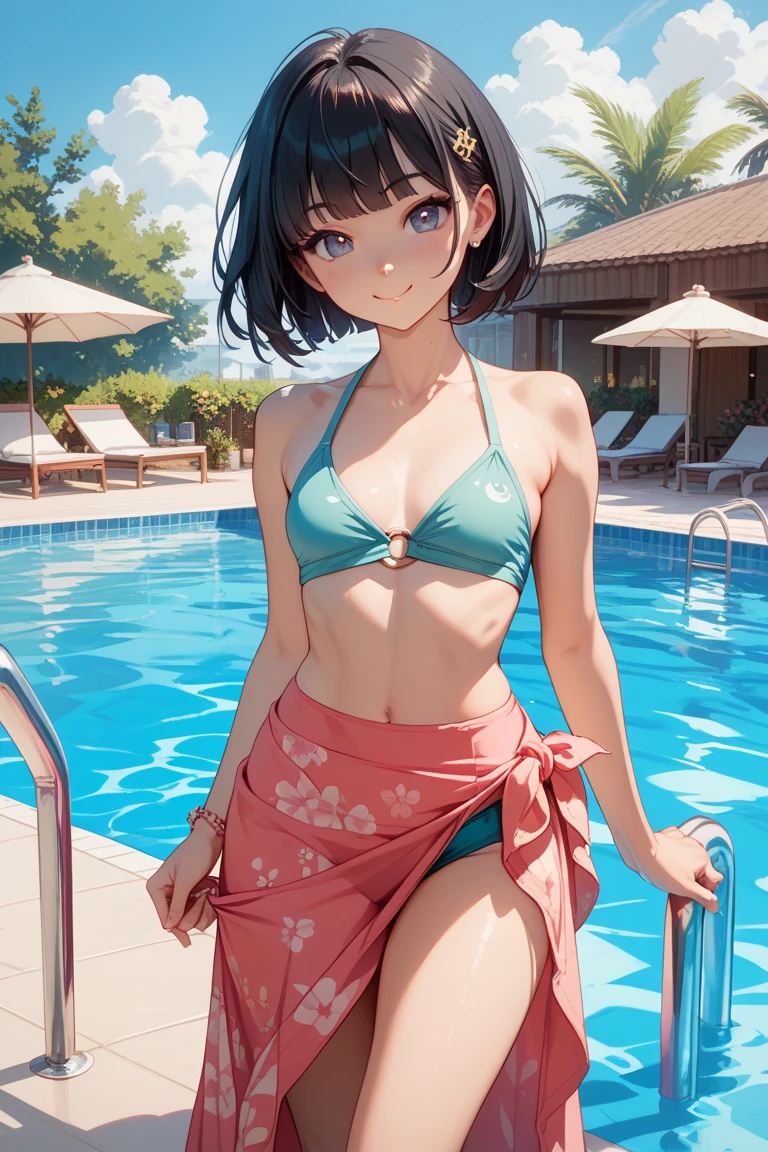 Smile、OL、2、slender、Glasses、Beauty、Bob Hair、Swimwear、draw a thin line、Small breasts、blush、Embarrassed、Cool Sexy、Nipples visible