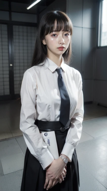 in office, long brown hair, wearing a white blouse, black walls, serious atmosphere, masterpiece