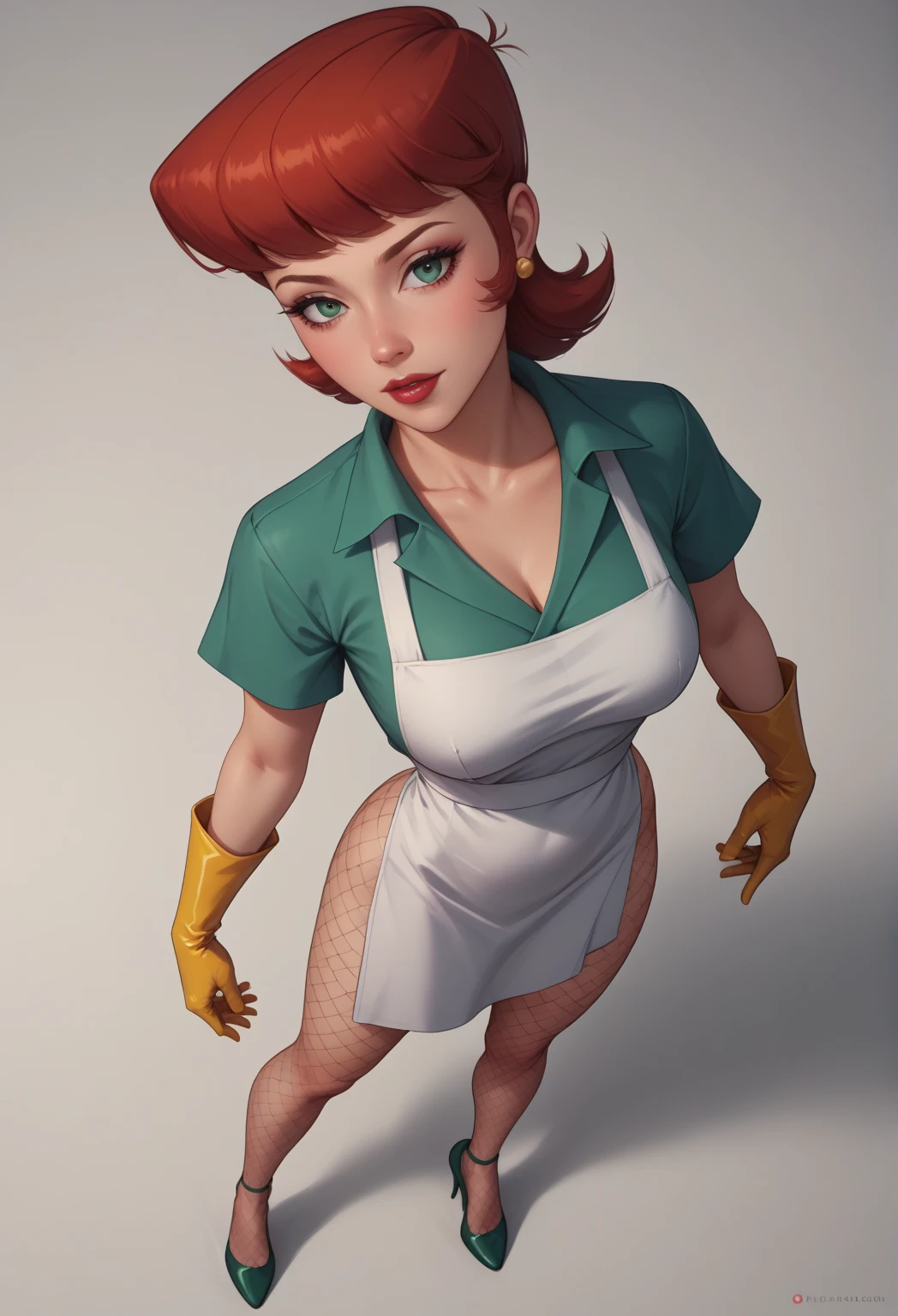 A friendly woman with red hair and green eyes, dressed as an ant making brigadeiro