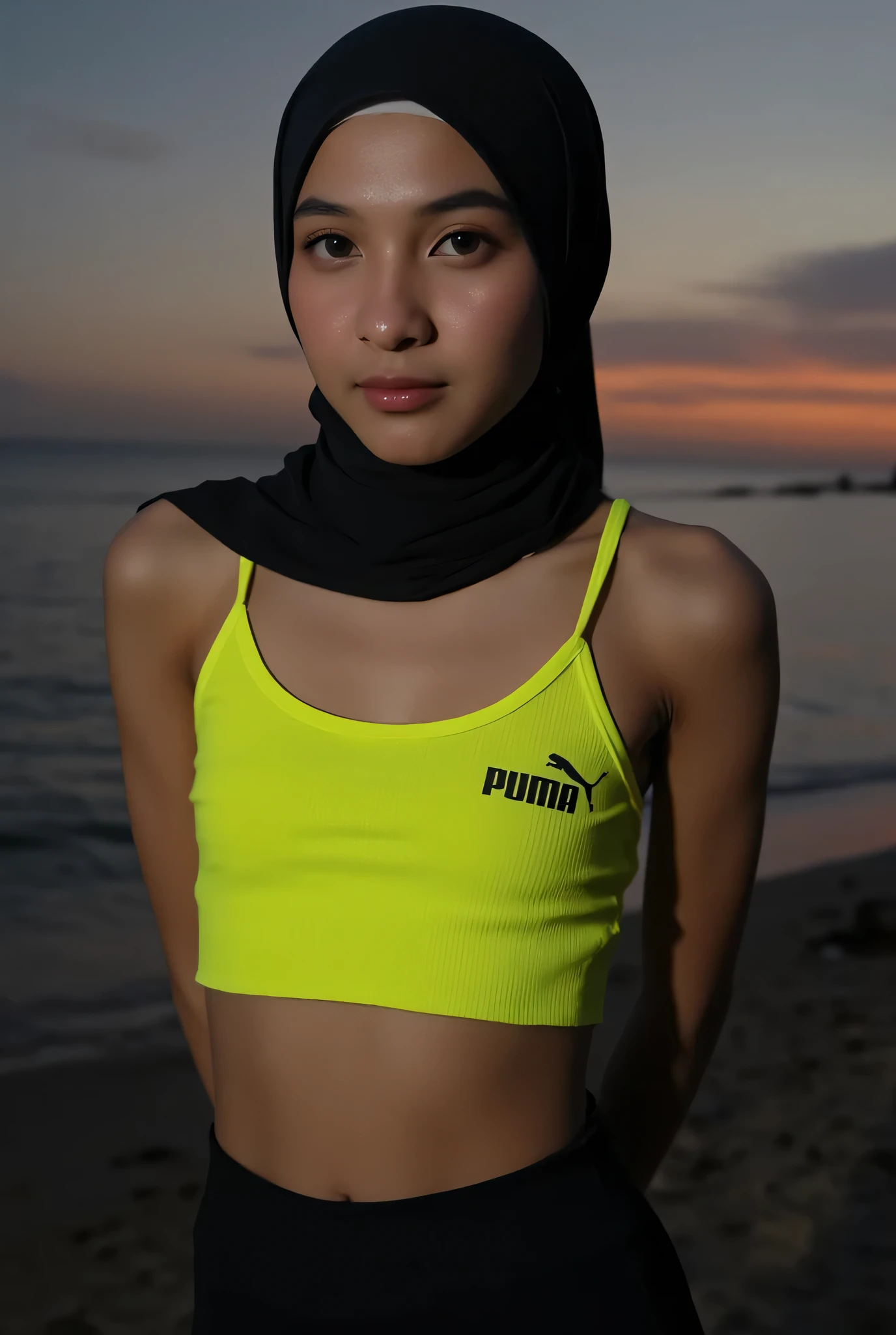 1 cute girl, 19 y o, happy face, running on track, she is wearing short jersey, (no underwear, her body sweating, hijab, best shot, perfect body, seducing pose, cameltoe