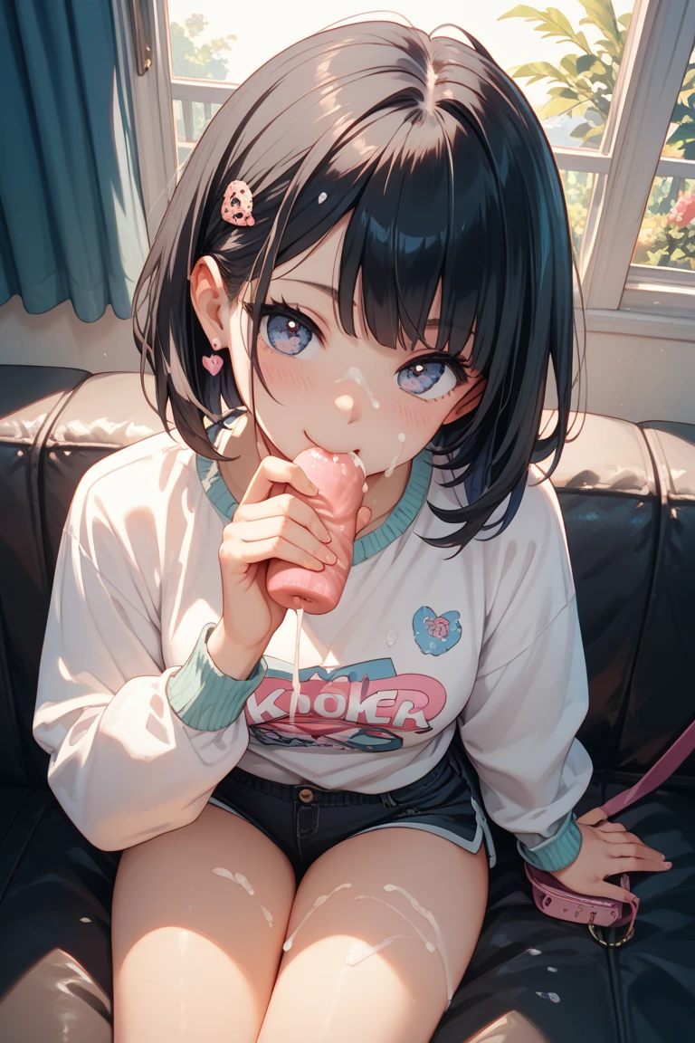 Sitting on a black sofa,looking ahead,from above,handjob,side view,face focus,open mouth,tongue out,cum on tongue,Licking a white dildo,(1girl,Beautiful 14 year old girl),((Slender,Small breasts,Baby Face,Small face,)),looking at viewer,Black Hair,bangs,two side up,Gray Eyes,Drooping eyes,slit pupils,narrow eyes,White sweater,bare shoulder,black tight mini skirt,Beautiful and detailed anime art,Mischievous smile,Dimly lit room,Simple Background,Gray background,Low lighting