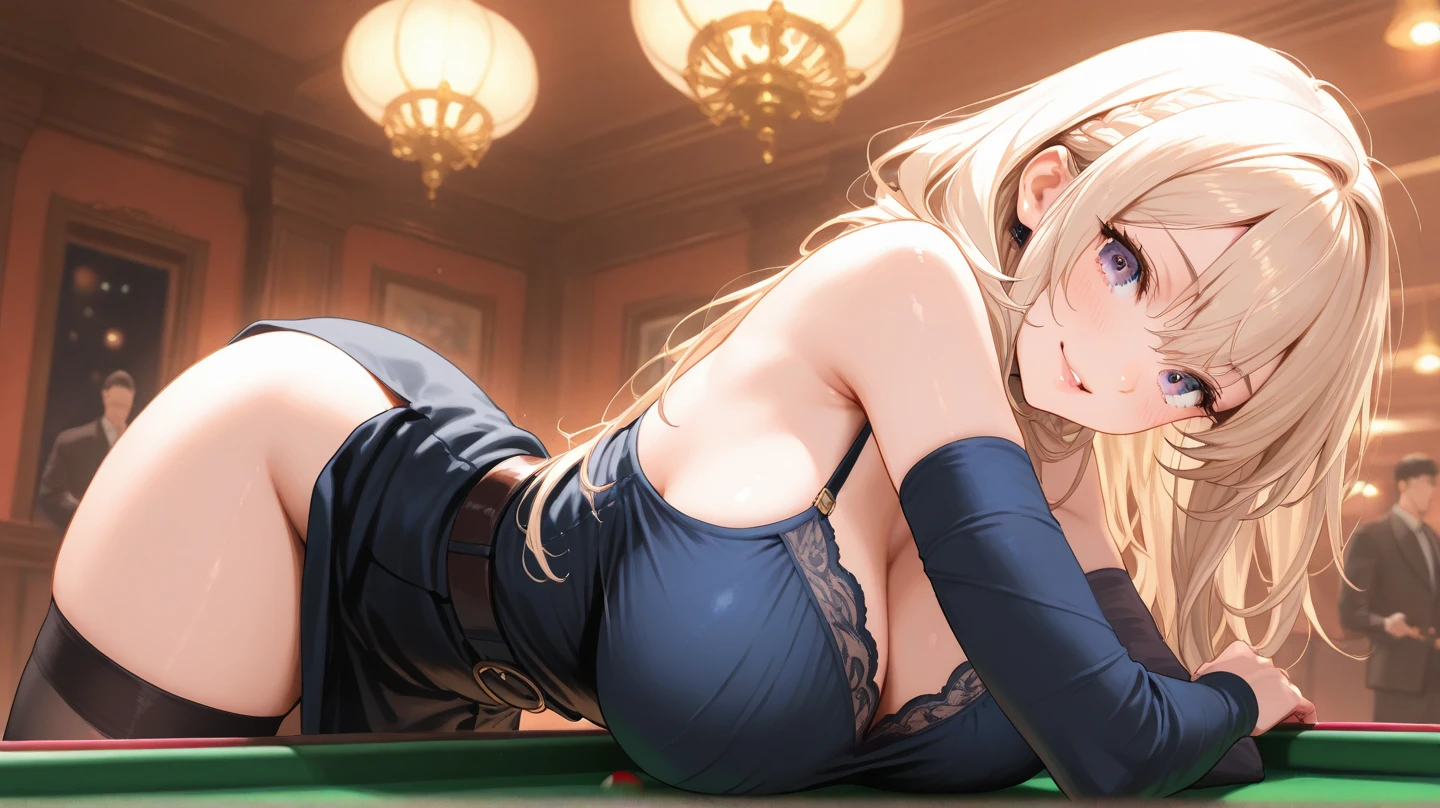 1 girl, pelo rubio, blonde hair, coletas,pigtails, pechos, breasts, huge breasts, uniforme colegiala, billar, pool table, calcentines, shocks, tacones, hig heels, japon, tokio, night, noche, Kenzy Reeves