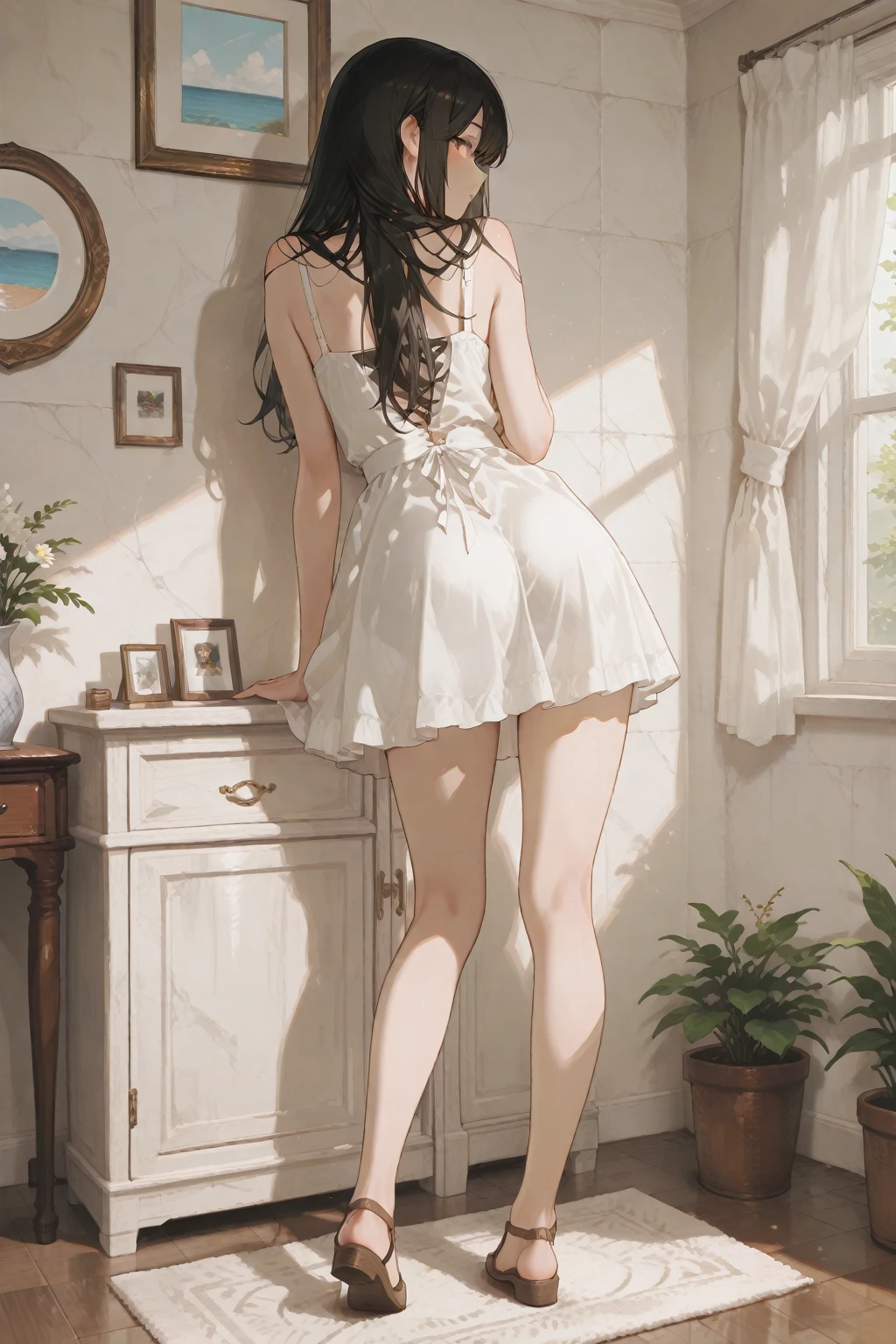 ((Best Quality)), ((masterpiece)), (detailed), 1 girl, dress then also, by azaul, green eyes, long wavy fur, white panties, lifting dress, short skirt, wide hip,((view from behind)),((Whole body))