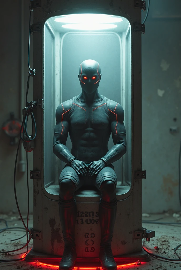 man in a jail cell with a green light, still from alita, altered carbon, movie still of a alien cyborg, movie still of cyborg, humanoid, still from a music video, movie still of aztec cyborg, altered carbon series, die antwoord music video, still from the movie saw, movie still of a cyborg --auto --s2
