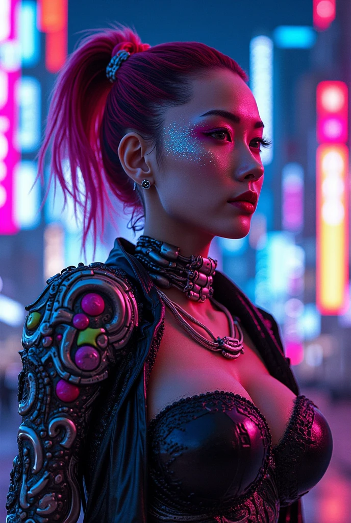 beautiful realistic full body photograph of a beautiful smiling Asian female cyberpunk character, hyperdetailed photograph asian female cyberpunk unclothed, disrobed, stripped, proportionate, dynamic pose, wearing baroque heavy leather jacket with glowing neon circuitry, baroque decoration-inspired, ornate beauty, ethereal beauty, octane render, Bar lighting, complex, cold, dark, gritty, real life human, bold colors, (((depth of field))), concept art, by Brian Froud and Carne Griffiths and Wadim K