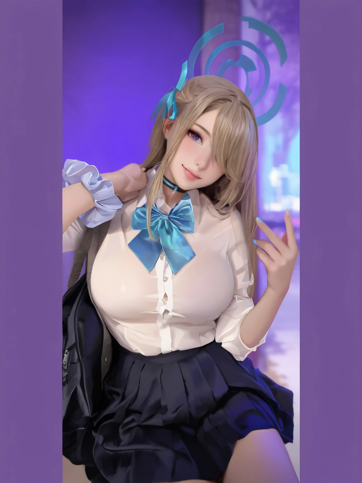 sagging breasts,mature female,smile,huge breasts, gigantic breasts,long breasts, (((face focus))),cowboy shot,solo,hair over one eye,medium sidecut,seductive smile,cafe, desk, sofa, sitting,Shoulder strap, off shoulder sweater, high waist plaid skirt,