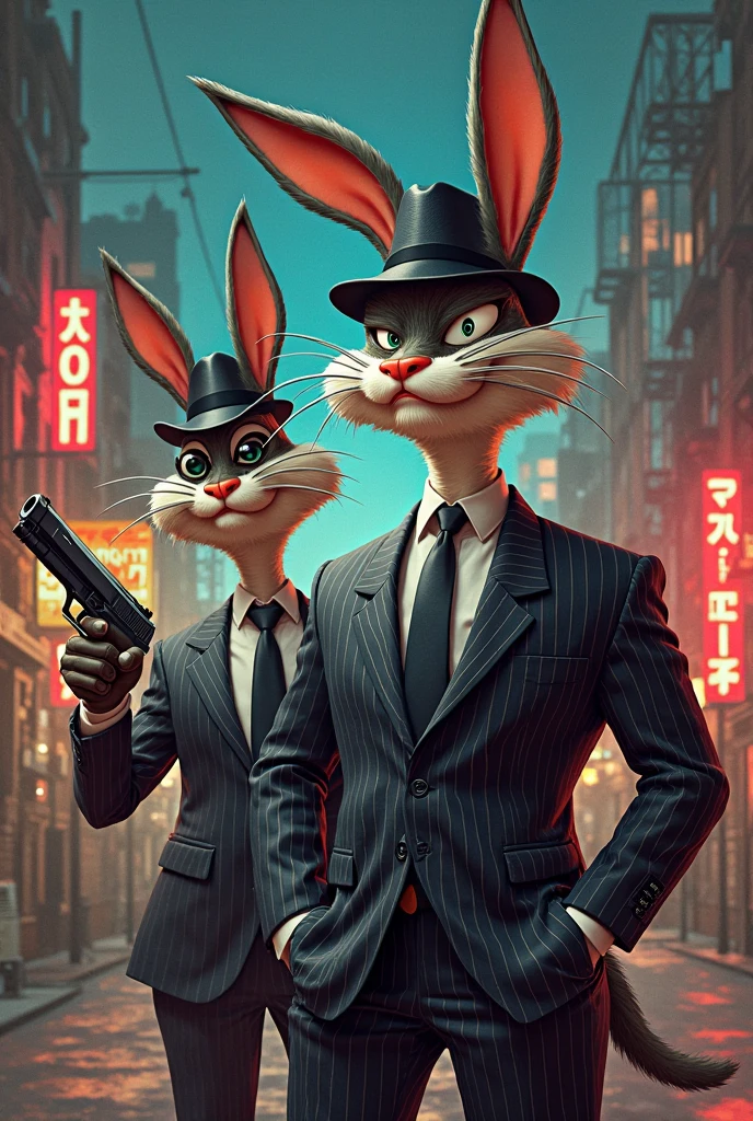 Anthropomorphic cat, grey fur, red suit, red fedora, holding tommy gun