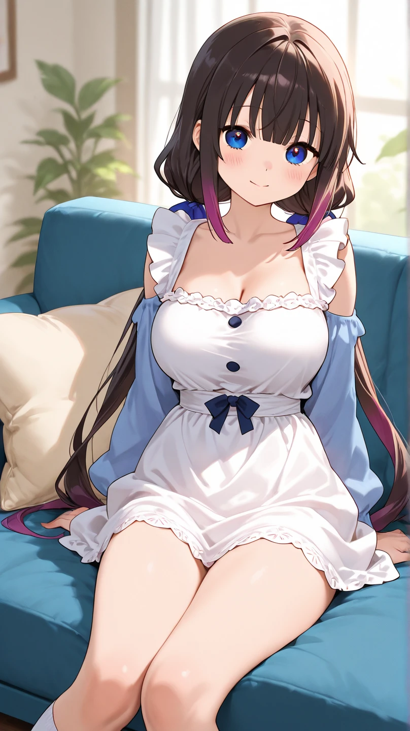  Hoshino looks over the viewer, She has big breasts and part of her tits can be seen through her dress, tender look, She is sitting on a bed with her legs crossed., tight white stockings, ((Best Quality)), ((Masterpiece))