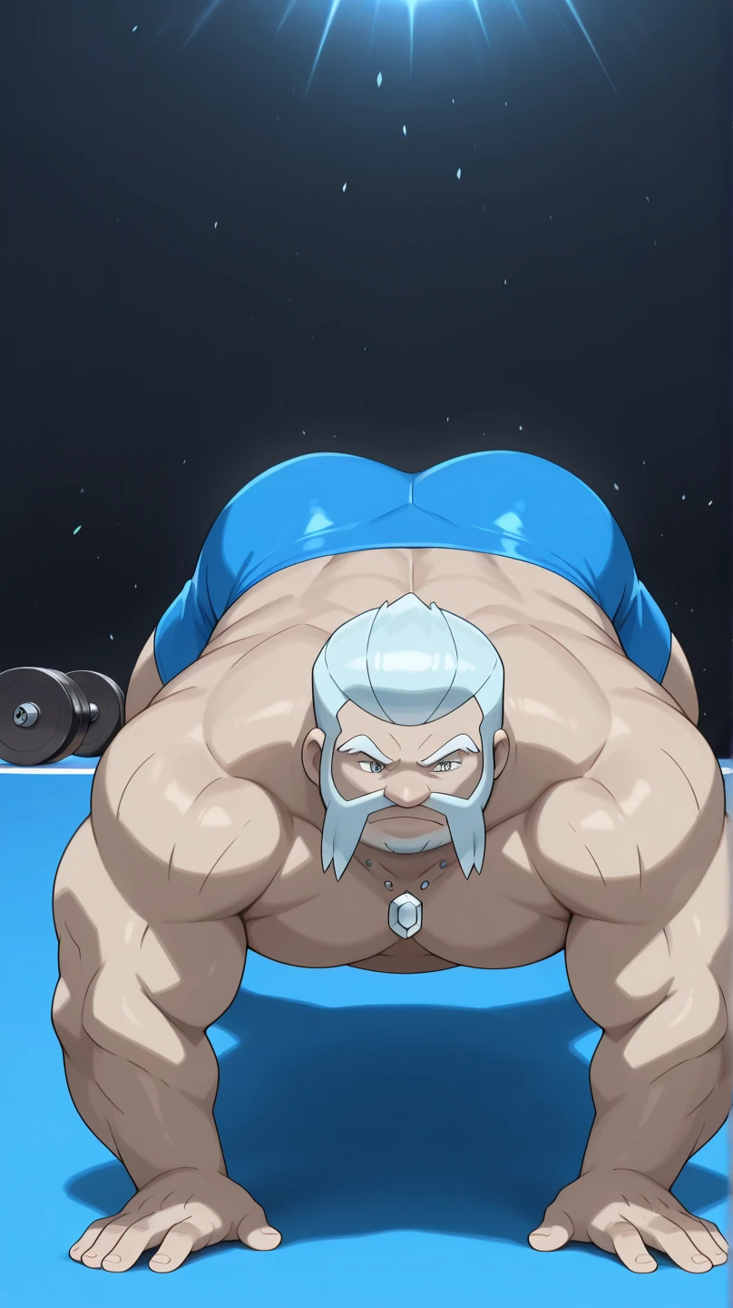 strong grizzly daddy,Brown skin,White hair and beard,Manly,bench, dumbell flyes, lying on the bench,holding two dumbbells in two hands,Only gym shorts,Bright and tidy gym,window,weight equipments,bodybuilding, working out, More details,by adios, by null-ghost, by lindong