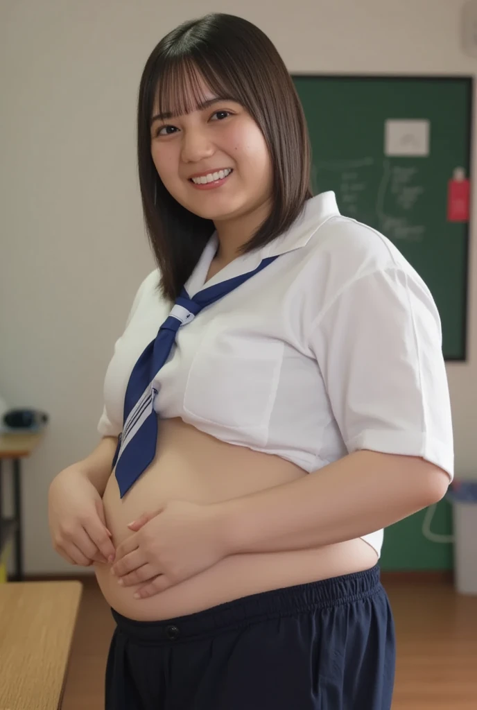 Woman in classroom, ((white crop top sailor suit)), blue student skirts, open navel, open belly, (show abdomen area), ((((arms crossed over chest)))), crying , ((got spanking by a man))