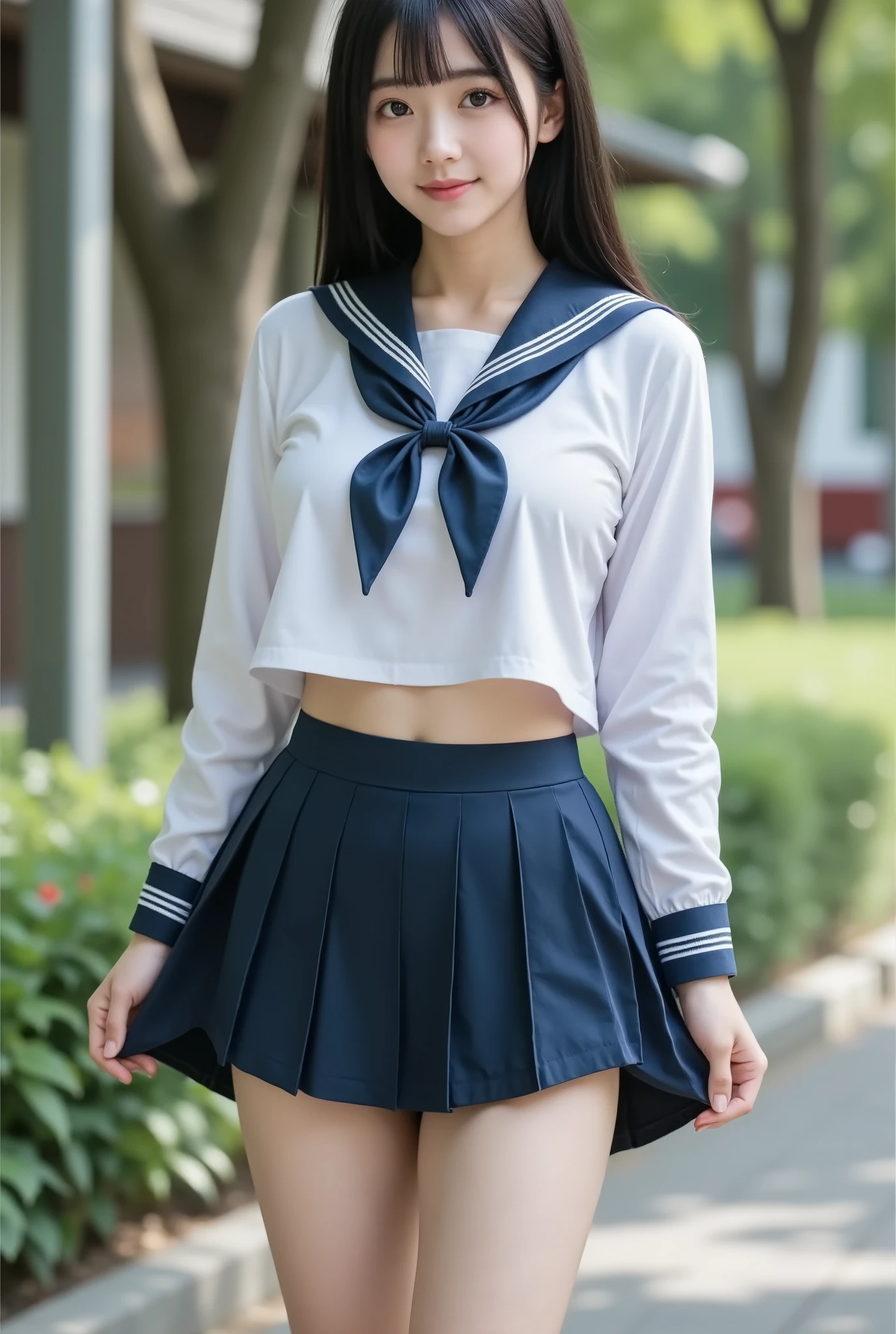 8k UHD、Digital single-lens reflex camera、High resolution、shallow depth of field、Natural light、(((sailor suit)))、(((Dark blue super mini skirt)))、(((full body shot)))、small person、(((young face)))、1 Japanese girl、16 years old; beautiful girl、(black hair)、(((brown eyes)))、Glossy skin、smooth thin hair、long hair、detailed background、highly detailed eyes and face、clear eyes、cute smile、Calm atmosphere、(((climb the stairs)))、(((detailed small breasts)))、(((beautiful eyes)))、petya pie、children `s、(((tight thighs)))、(((white panties)))、(((angle from below) ))、(((detailed lips)))、(((The skirt is fluttering)))、beautiful shining legs、((nsfw))